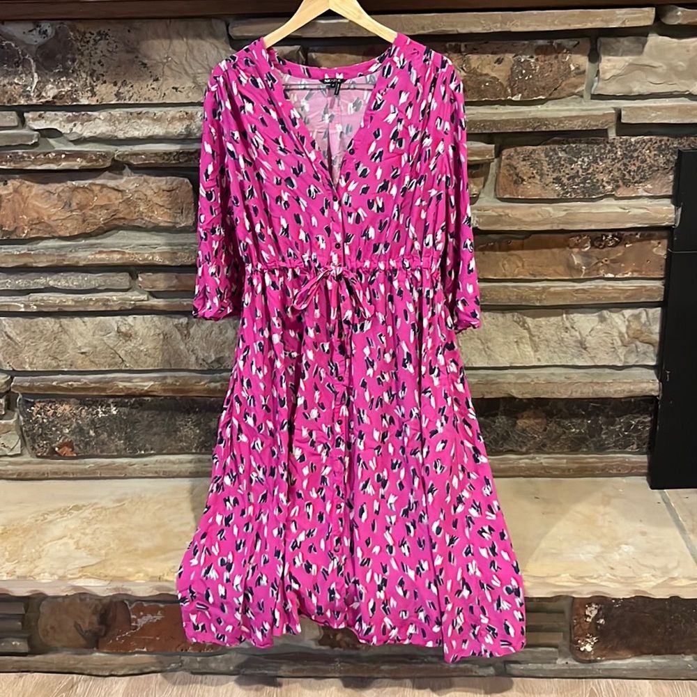 Nic + Zoe Cool Cat Midi Dress Pink Button Front Long Sleeve